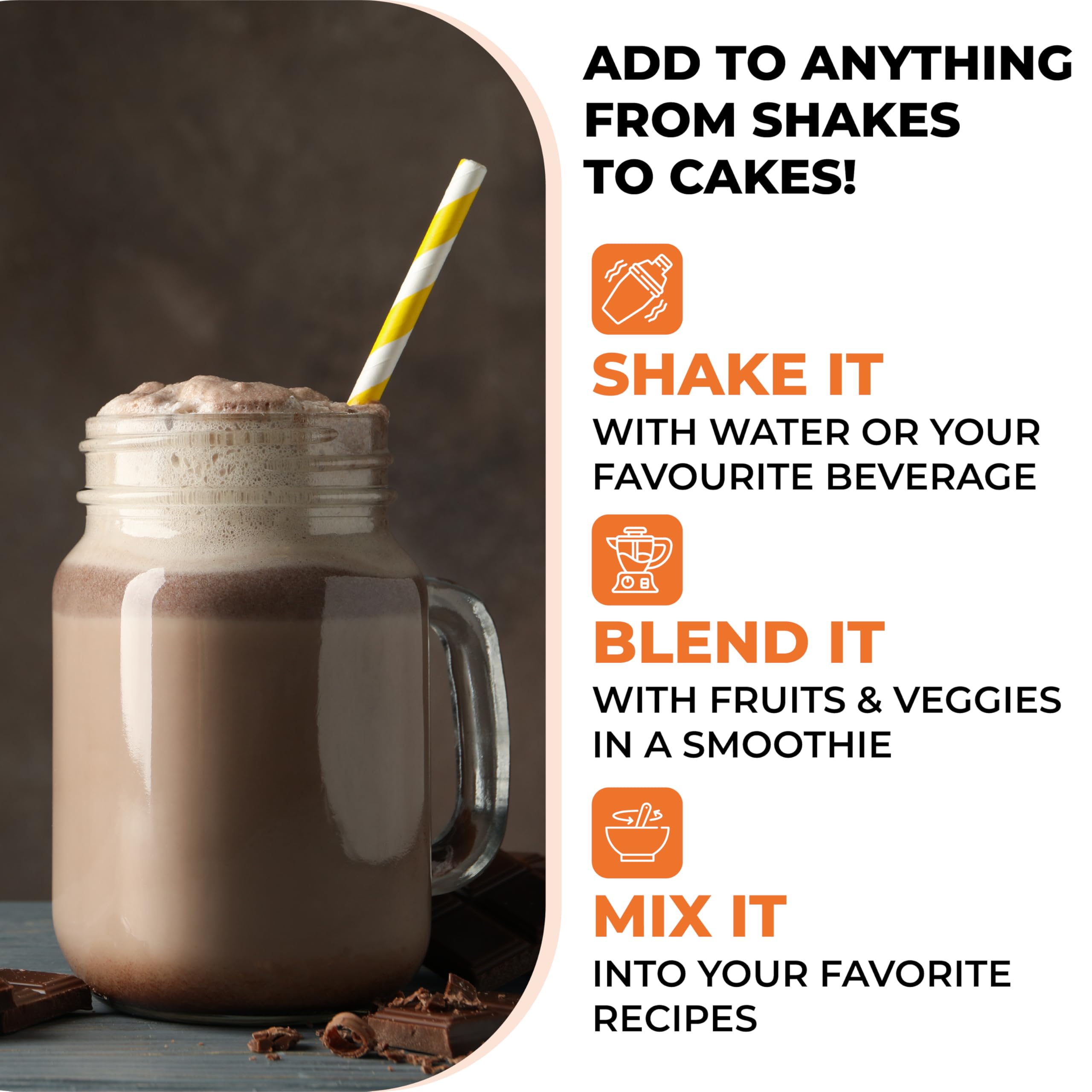 Chocolate protein shake in mason jar with straw and recipe tips for shakes cakes plant-based protein powder UAE