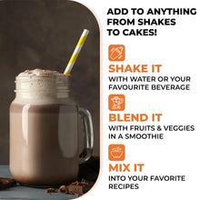 Protein powder shake serving in a jar with chocolate drink mix instructions and scoop