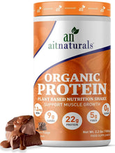 Aitnaturals organic protein powder tub, creamy chocolate fudge flavor, 22g protein front label
