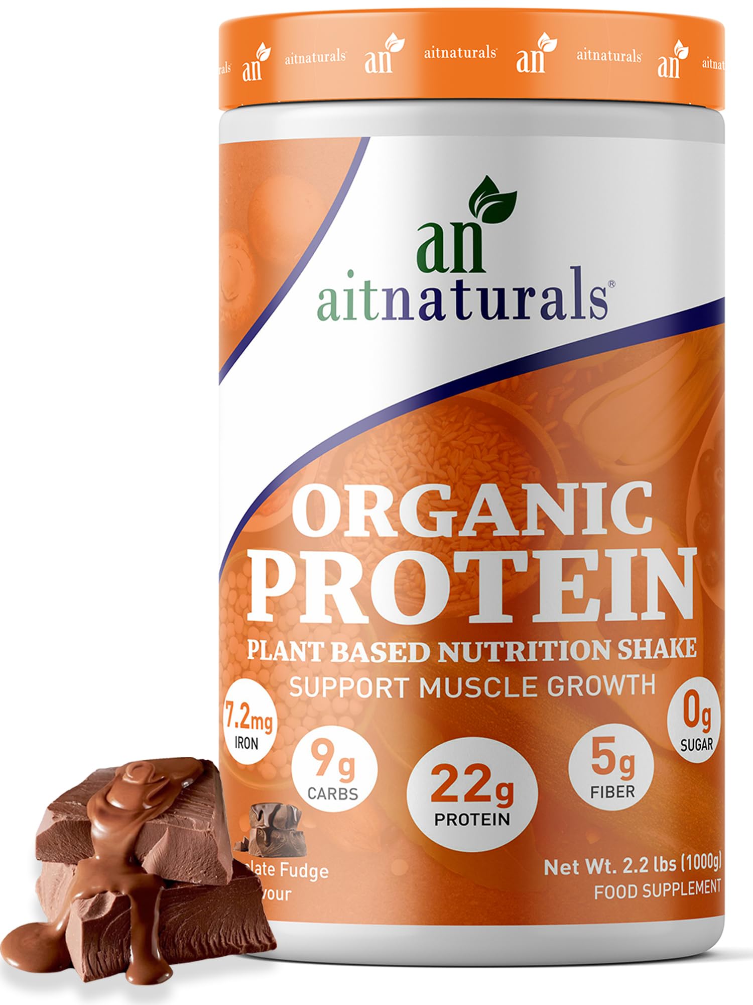 aitnaturals Organic Protein plant-based protein powder UAE chocolate fudge flavor tub with chocolate pieces