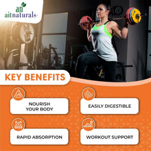 Organic protein powder key benefits panel with icons for nourish, digestion, absorption, workout