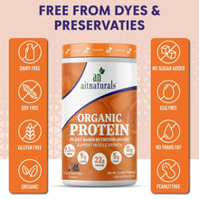 Aitnaturals organic protein powder tub with diet icons: dairy free, soy free, no sugar added