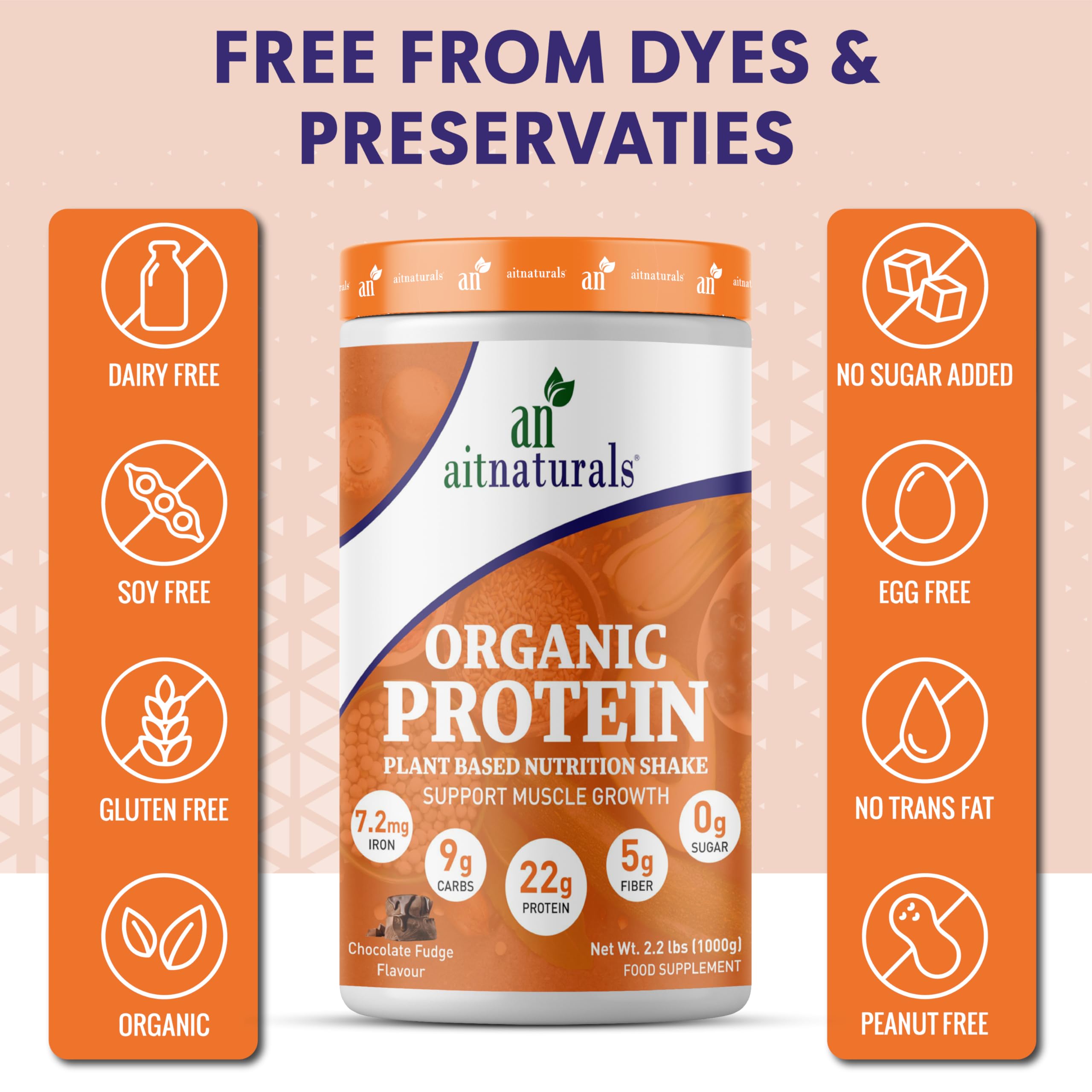 aitnaturals Organic Protein chocolate container with labels dairy free soy free gluten free plant-based protein powder UAE