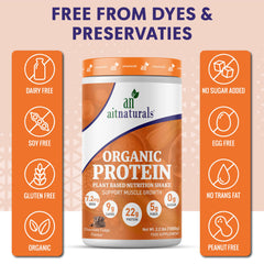 aitnaturals Organic Protein chocolate container with labels dairy free soy free gluten free plant-based protein powder UAE
