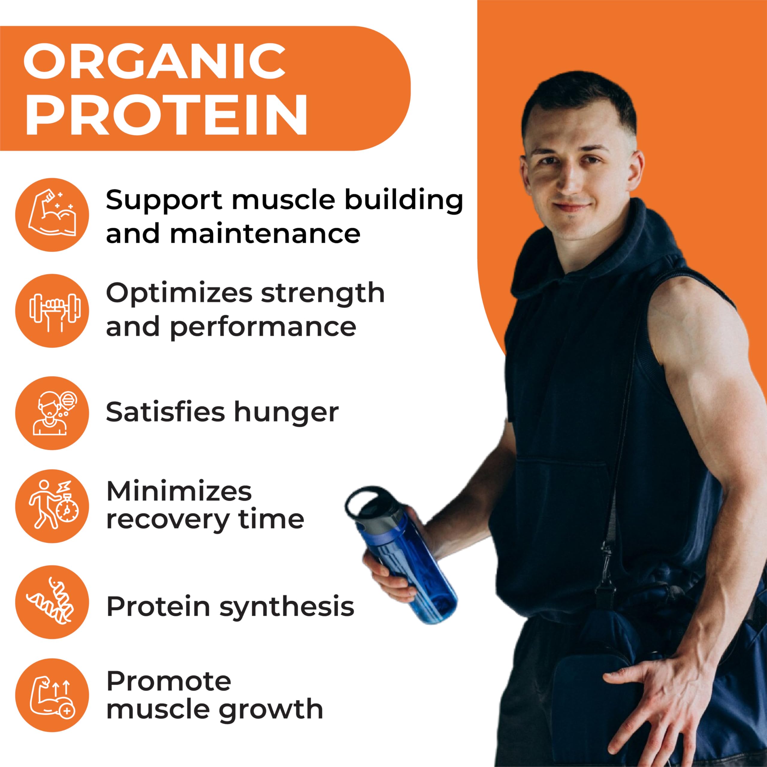 Aitnaturals organic protein ad showing fit man with shaker and benefits list for plant-based protein powder UAE