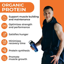 Organic protein powder marketing graphic with man holding a scoop and support icons