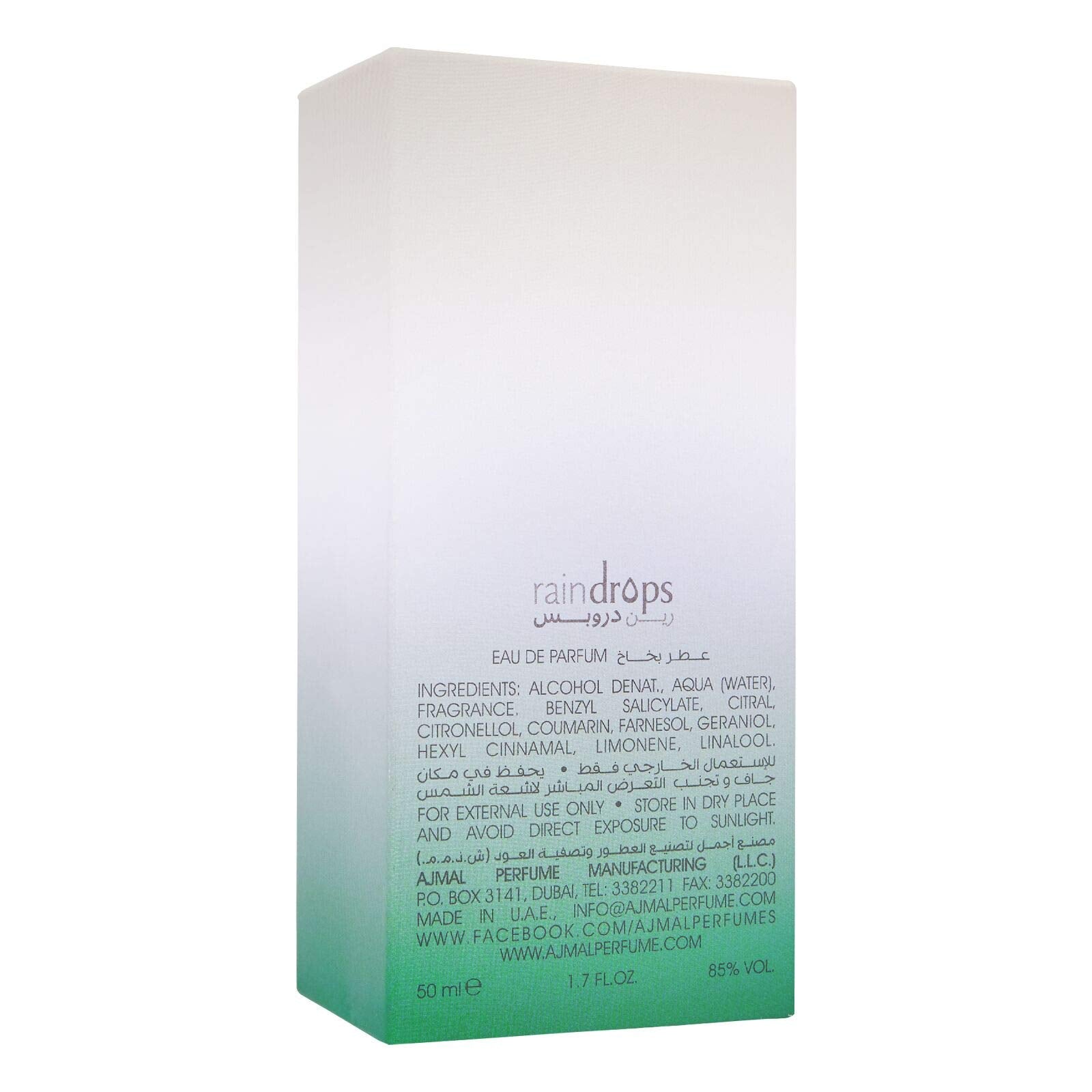 Ajmal Raindrops perfume for women Eau de Parfum bottle with light green gradient packaging