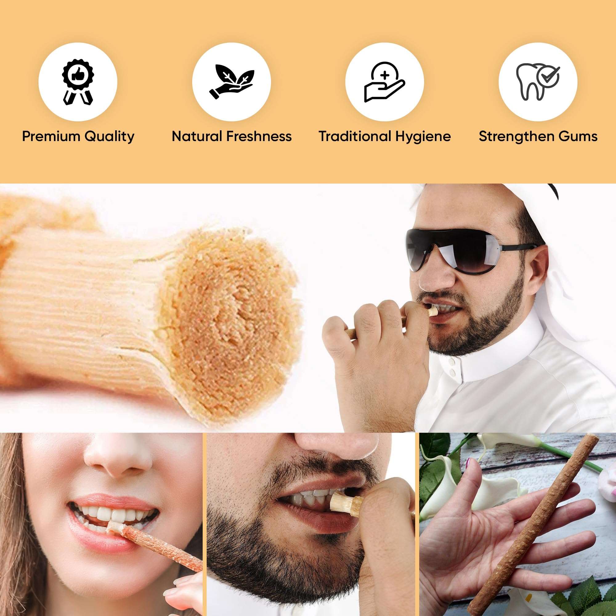 Sewak Al-Falah traditional toothbrush miswak stick collage with closeup of stick and people using it to clean gums