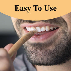 Bearded man brushing teeth with Sewak Al-Falah traditional toothbrush miswak chew stick demonstrating easy to use oral care