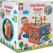 Wooden activity cube for toddlers with colorful bead maze and learning panels