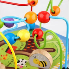 Wooden activity cube bead wires with red, yellow, blue and green balls