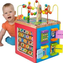 Colorful wooden activity cube with bead maze and rolling balls