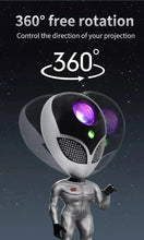 Alien star projector lamp with purple glowing lens, designed for 360-degree rotation.