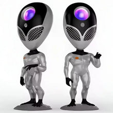 Alien star projector lamp in grey with purple glowing visor, standing figure.
