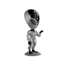 Alien star projector lamp with grey body and purple glowing eye visor, standing.