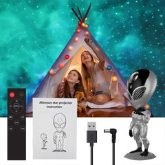 Huitich alien shape galaxy star projector lamp with remote, USB cables, and alien figure next to tent with kids