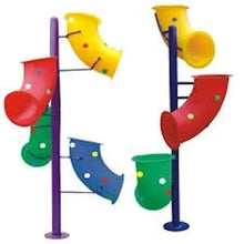 Colorful toy play set stand with red and blue funnels plus green and yellow spouts