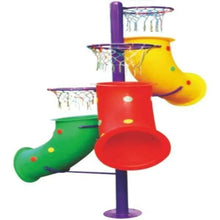 Colorful toy play set stand with yellow head tube, red central funnel, green side tube