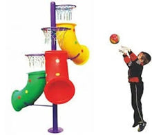 Colorful toy play set stand with red, green, yellow tubes and a child playing