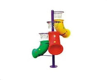 Colorful toy play set stand with red, green, yellow tubes and hanging baskets