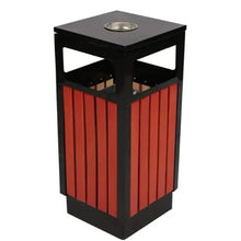 Outdoor trash can with black frame, red vertical slats, and metal top opening.