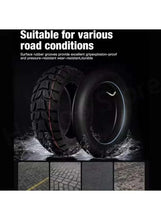 All-terrain scooter tire with black tread and red side stripe, with inner tube