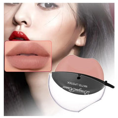 Huitich almond milk tea lipstick matte finish shown on model lips and in compact case