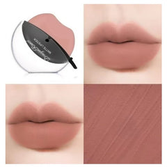 Huitich almond milk tea lipstick showing the unique packaging and soft matte nude shade on lips