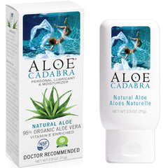 Aloe Cadabra bottle and box of organic aloe vera personal lubricant in white packaging with aloe image