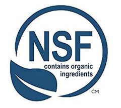 NSF contains organic ingredients certification seal with leaf icon for organic aloe vera personal lubricant by Aloe Cadabra