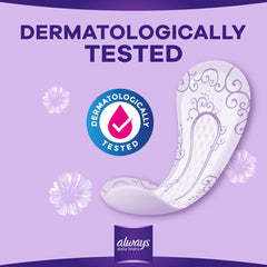 Always Daily Liners Extra Protect single purple floral liner on lavender background with dermatologically tested seal