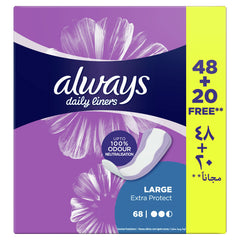 Purple floral box of Always Daily Liners Extra Protect large 68 count feminine panty liners packaging