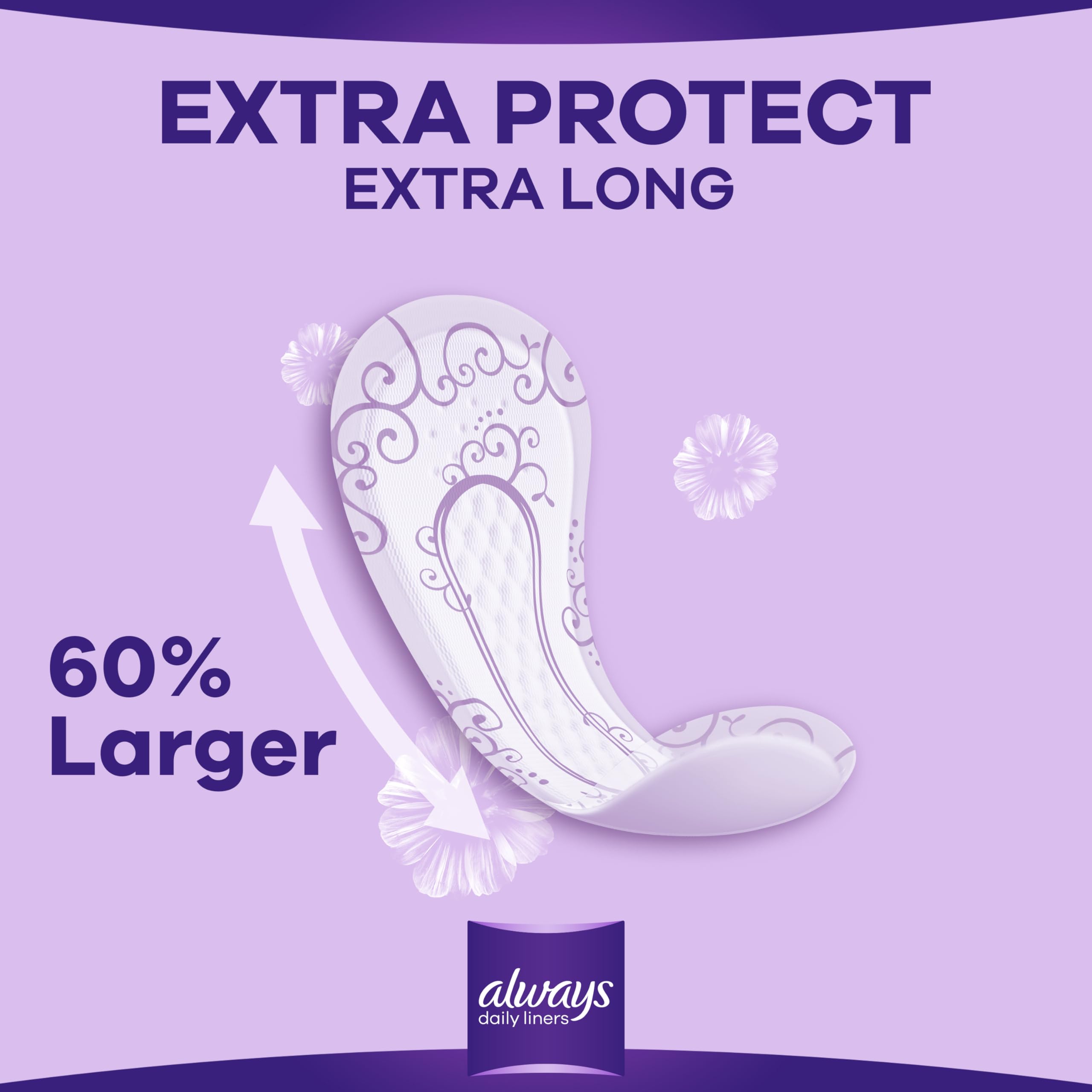 Always Daily Liners Extra Protect extra long panty liner with floral design on purple background show 60 percent larger coverage