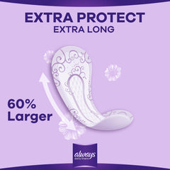 Always Daily Liners Extra Protect extra long panty liner with floral design on purple background show 60 percent larger coverage