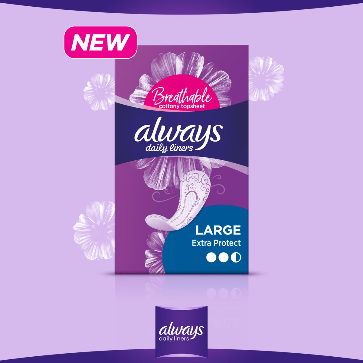 Purple box of Always daily liners with floral design NEW badge Large size Always Daily Liners Extra Protect breathable topsheet