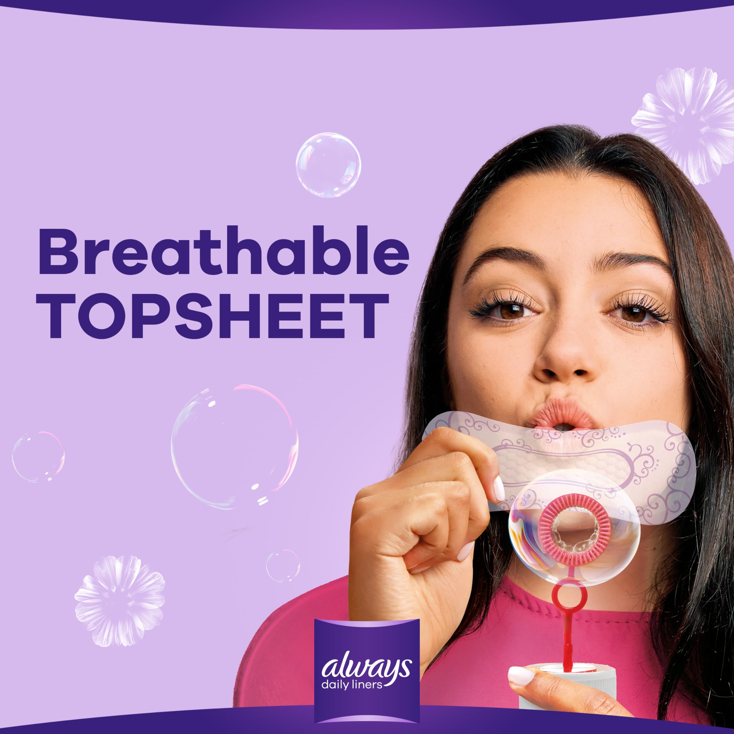 Woman demonstrating breathable topsheet Always Daily Liners Extra Protect on purple background with Always logo