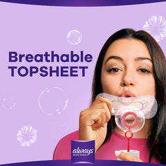 Woman demonstrating breathable topsheet Always Daily Liners Extra Protect on purple background with Always logo