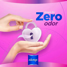 Winged sanitary pad held in hands with odor-control lock icon