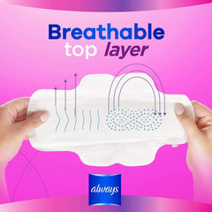 Hands holding breathable top layer sanitary pad on pink background Always Diamond Flexfoam sanitary pads