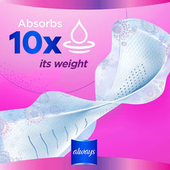 Always Diamond Flexfoam sanitary pads displayed on pink background with single pad image and absorbs 10x its weight claim