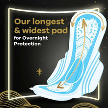 Winged overnight pad, maxi thick, white with blue dotted pattern, long and wide