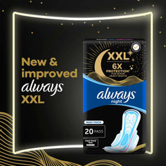 Always night pads for heavy flow XXL 20 pack black and blue packaging showing maxi thick pad