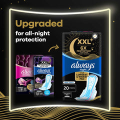 Always night pads for heavy flow XXL 20 pack showing upgraded all night protection longest widest pad and pad illustration