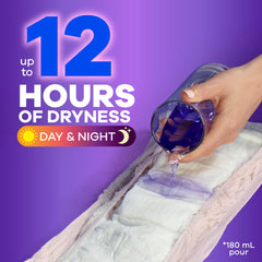 Always Discreet disposable postpartum underwear for women absorbent pad demo showing liquid drawn in for up to 12 hours dryness