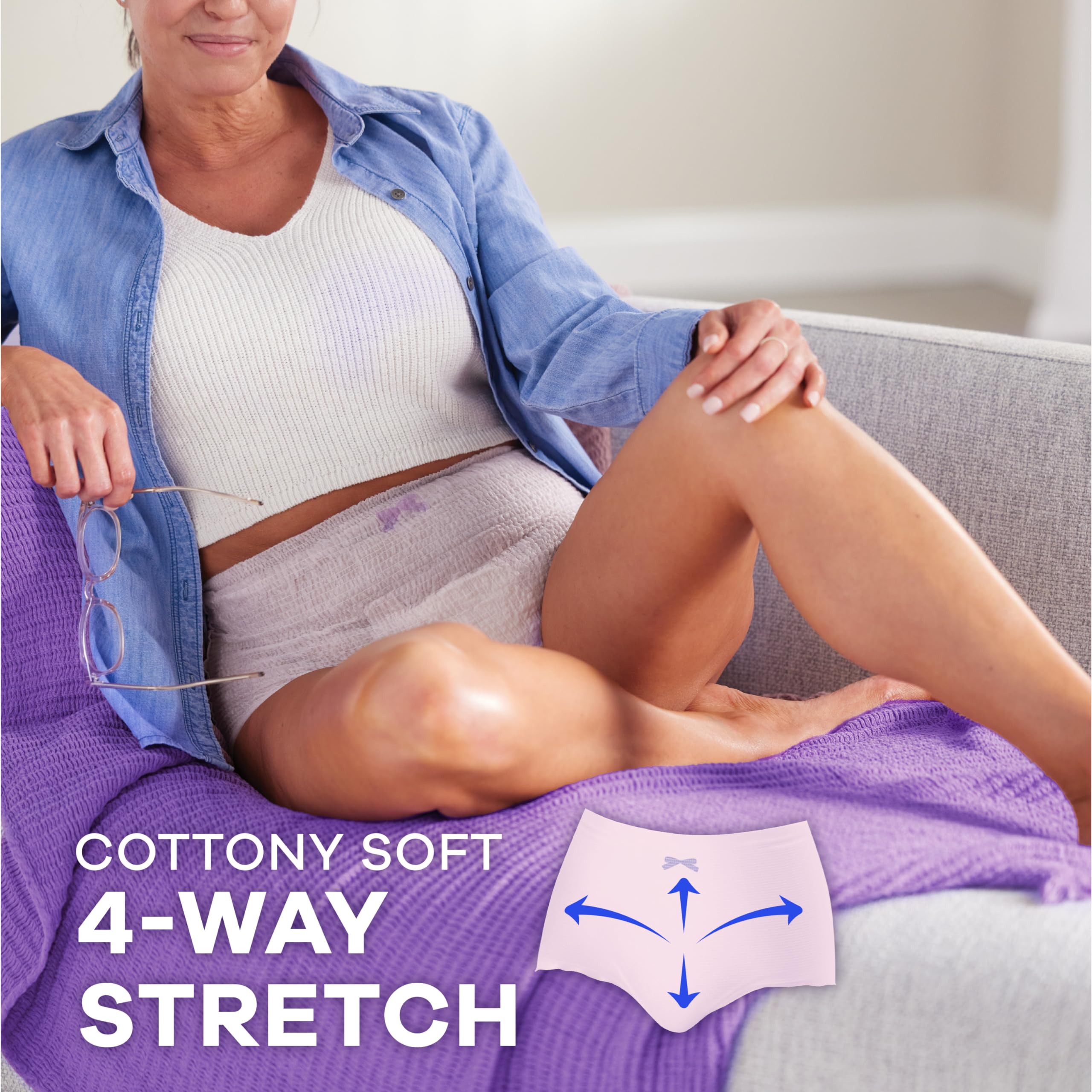 Always Discreet woman reclining on couch wearing light cottony disposable postpartum underwear for women with four way stretch