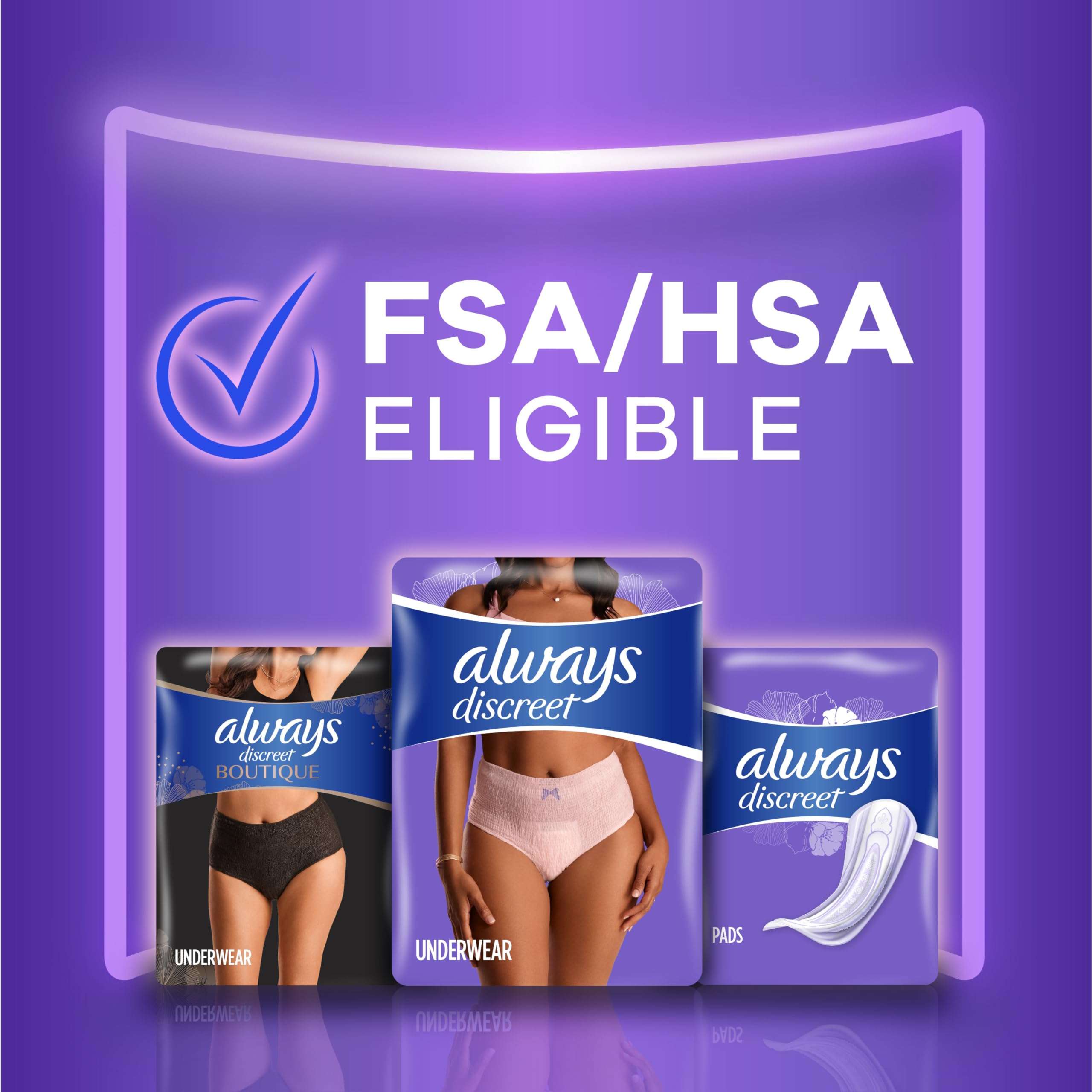 Always Discreet packaging with FSA HSA eligible banner showing underwear and pads disposable postpartum underwear for women