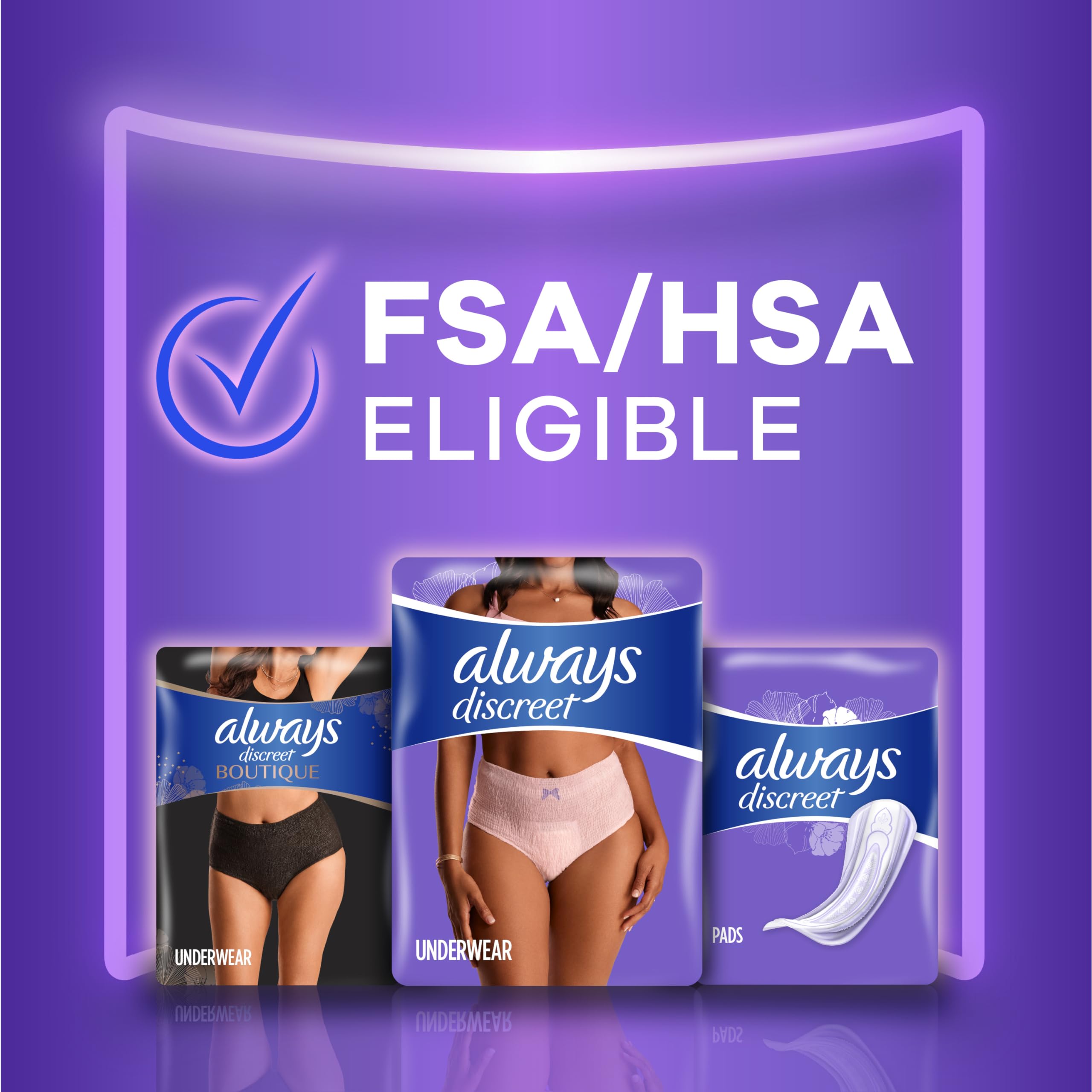 Always Discreet packaging with FSA HSA eligible banner showing underwear and pads disposable postpartum underwear for women