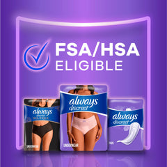 Always Discreet packaging with FSA HSA eligible banner showing underwear and pads disposable postpartum underwear for women