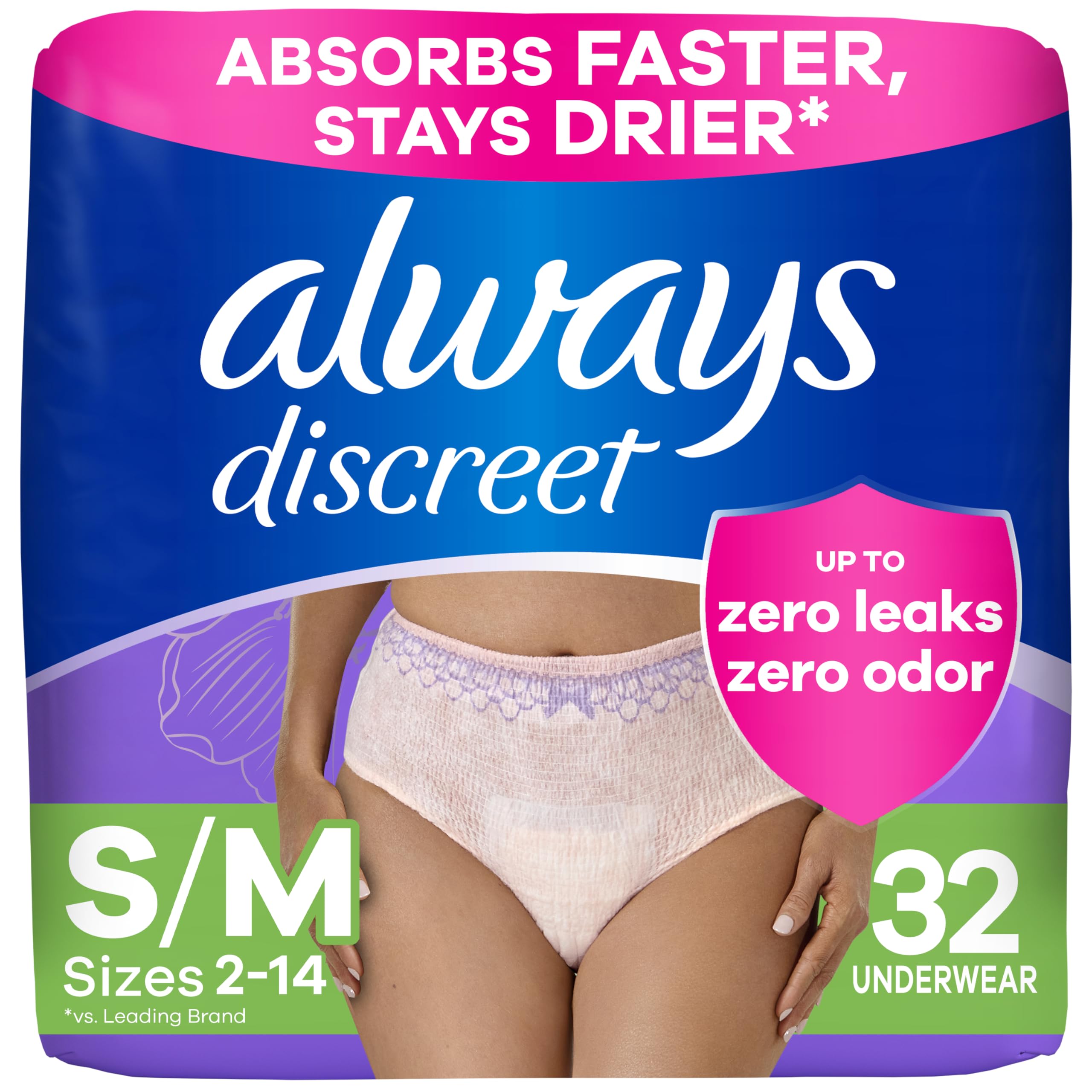 Always Discreet package showing woman wearing S M disposable postpartum underwear for women 32 count absorbent briefs