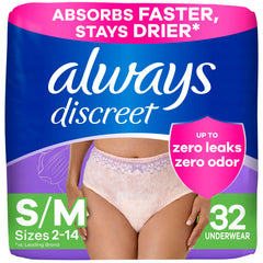 Always Discreet package showing woman wearing S M disposable postpartum underwear for women 32 count absorbent briefs